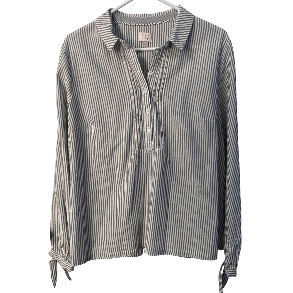 A New Day Blouse Womens XXL Blue Striped‎ Tie Cuff Henley